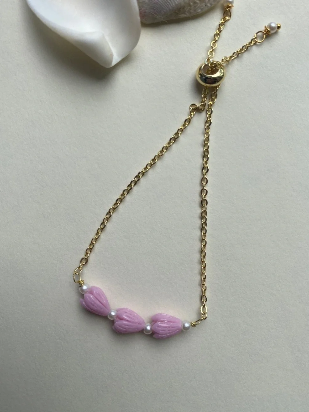 Handmade Pink Pikake Adjustable Chain Bracelet